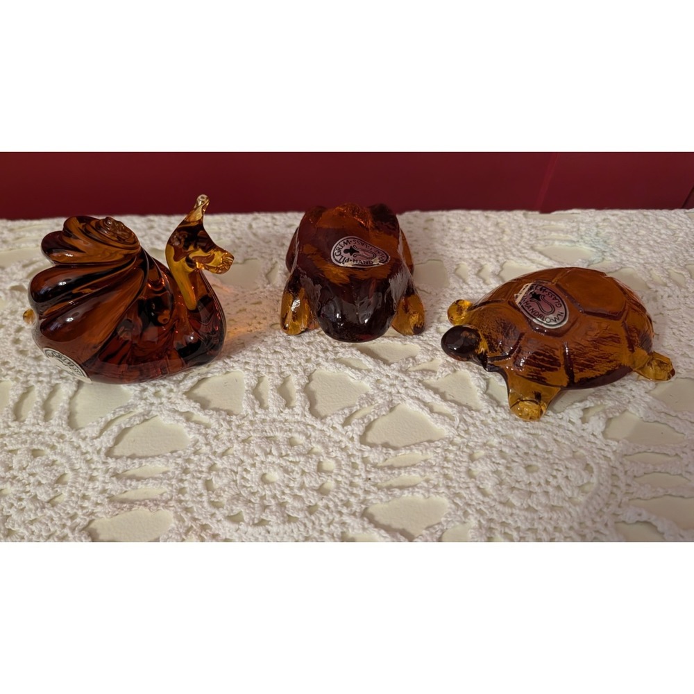 Vintage Pilgrim Handblown Glass Set Amber Snail Turtle And Frog 4" Lot Of 3